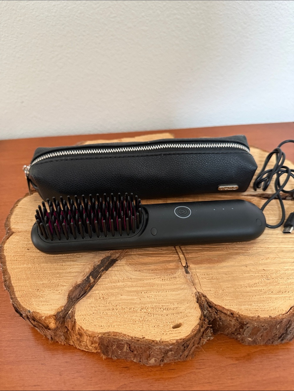 TYMO Cordless Black Heated Hair Straightening Brush with Travel Pouch